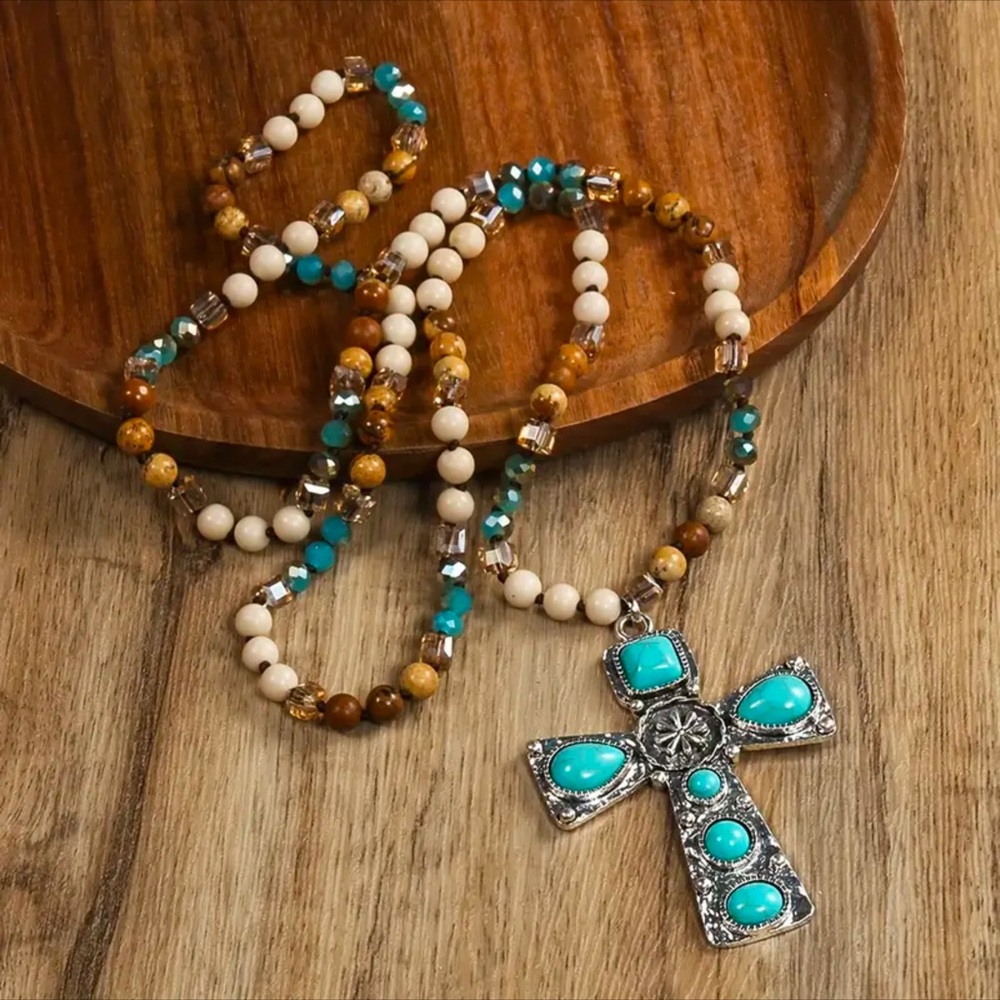 Beautiful Boho Beaded Turquoise & Silver Cross Necklace! - Picture 1 of 7